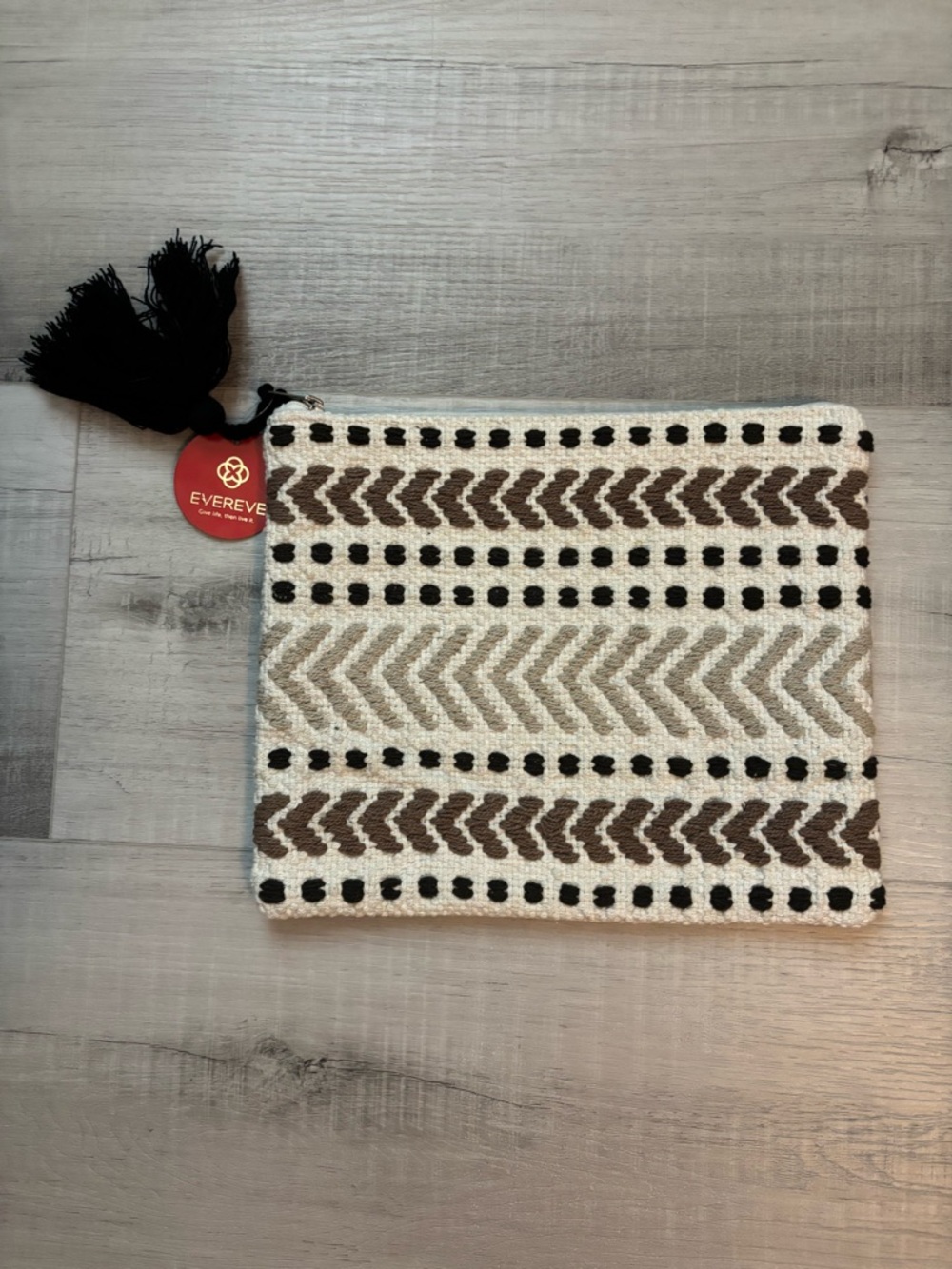 Evereve Woven Chevron Pouch with Tassel in Cream, Brown & Black